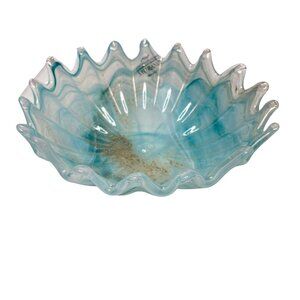 Murano Art Glass Wave Bowl Light Blue 24k Gold Flecked 8.5” Scalloped Edge MCM